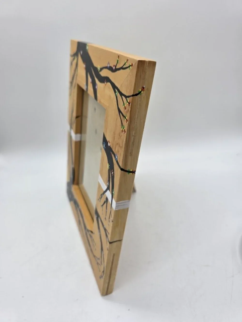 Pottery Barn Oak Picture Frame With Handpainted Black Flowering Tree Boho OOAK